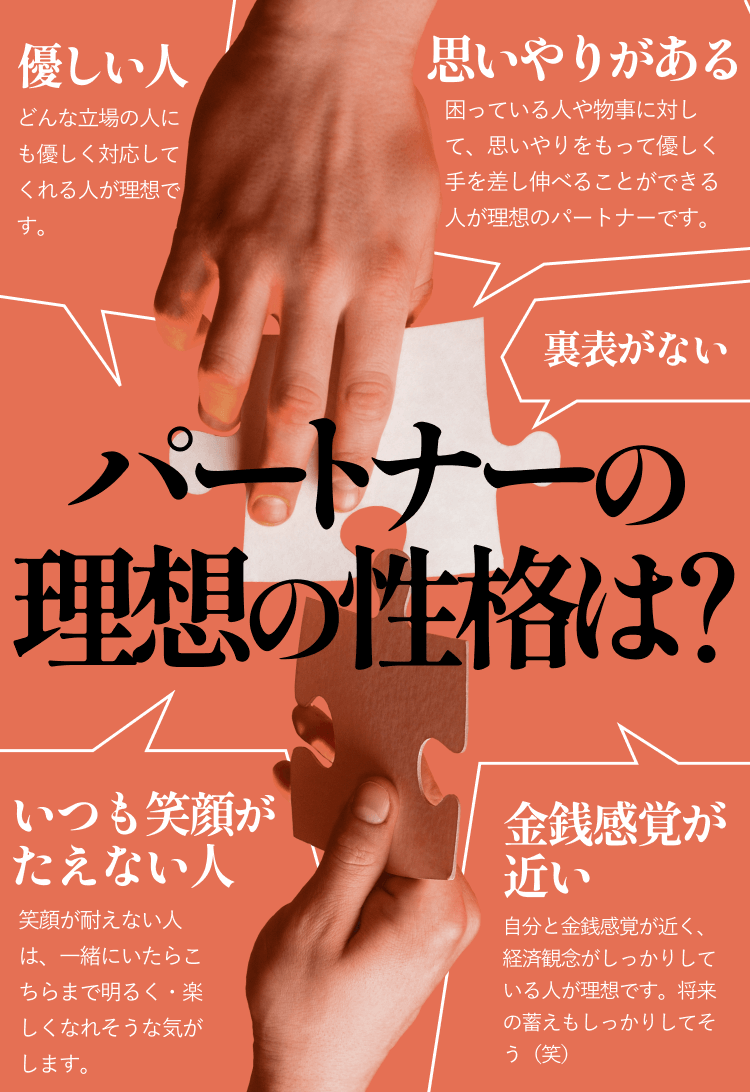 パートナーの理想の性格は？優しい人/思いやりがある/裏表がない/いつも笑顔がたえない人/金銭感覚が近い